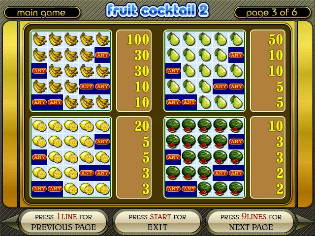 Fruit Cocktail 2 — tabla de pagos, frutas